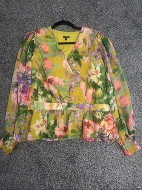 Express Floral Wrap Blouse - Yellow, Green, Pink, Purple